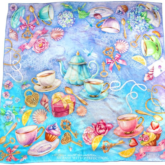 100% silk square scarf turquoise lilac floral wrap "Believe" Victorian tea party - Picture 8 of 8